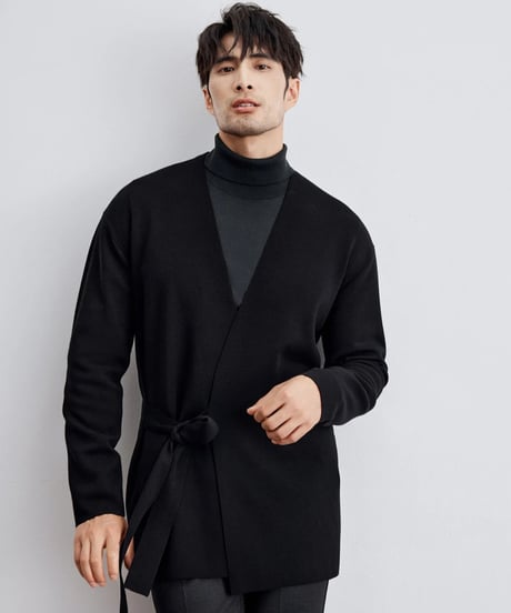 merino wool no collar knit tie cardigan /2color　SH2293