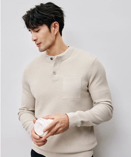 waffle jacquard henley shirt /2color　SH2452