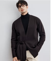 merino wool no collar knit tie cardigan /2color　SH2293