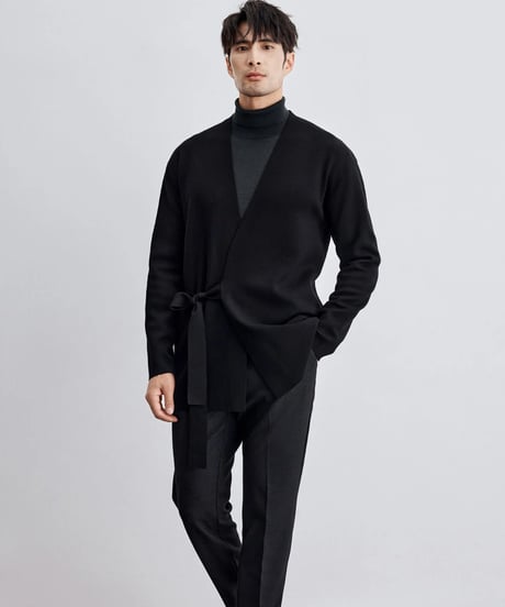merino wool no collar knit tie cardigan /2color　SH2293