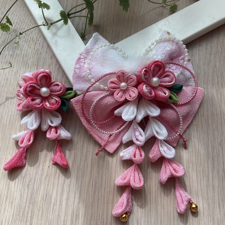 薄いピンク-お花とリボンの髪飾りセット-