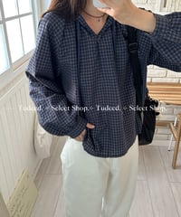 ブルーチェックフード付き長袖シャツ