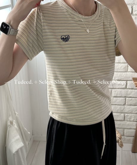 オフホワイトのベロアストライプ入り半袖Tシャツ