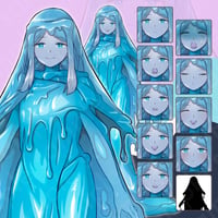 Water Element Slime Girl Illustration: Fantasy Monster Anthro Standee | 10 Expressions & Extras