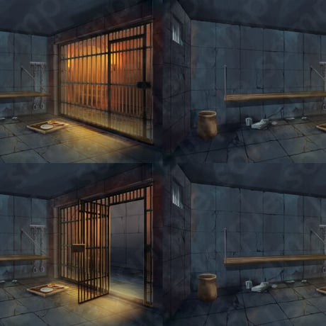 Fantasy Prison Cell Background Illustration: 8 Variants [Door, Torch, Light]