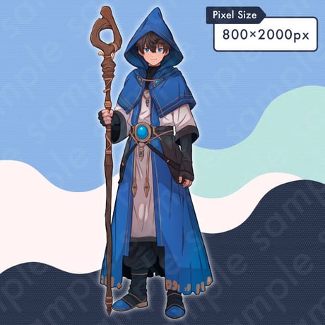 Brown-Haired Mage in Blue Hooded Cloak Illustration: Teen Fantasy Standee | 10 Expressions & Extras
