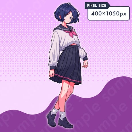 Pixel Art - Mature Jr. High Girl, Blue Short Hair, Sailor Uniform, 10 Expressions + More.
