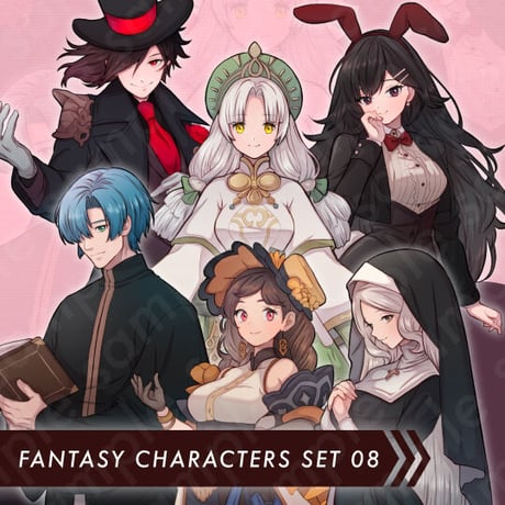 Character Set 08: Merchant, Alchemist, Receptionist, Priest to Bunny Girl - 10 Expressions Each