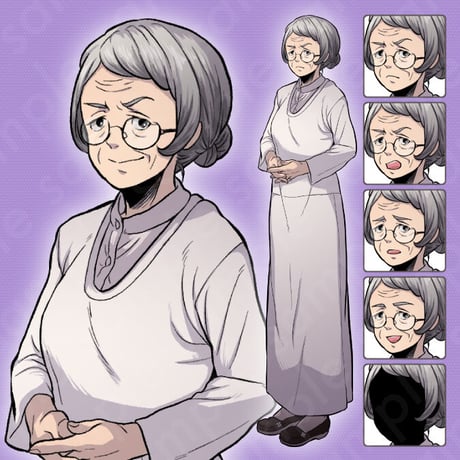 Pen-and-Ink Character Art: Strict Step-Grandmother - Modern, Female, 6 Facial Expressions