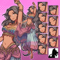 Pixel Art Dancer - Tanned Brown-haired Female, Fantasy with 10 Expressions + More.