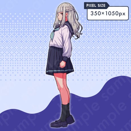 Pixel Art - Ladylike Jr. High Girl in Sailor Uniform, White Hair, 10 Expressions.