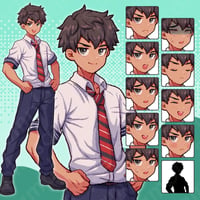 Pixel Art - Brown-haired Heroic Jr. High Boy in Uniform - 10 Expressions + More