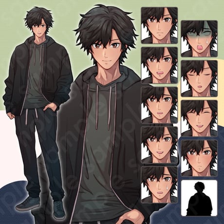 Black-Haired Male Illustration in Hoodie - Modern Teen/College, 10 Expressions + More.