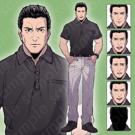Pen-and-Ink Art: Fatherly 40-50s Man in Polo - Modern, 6 Expression Variants