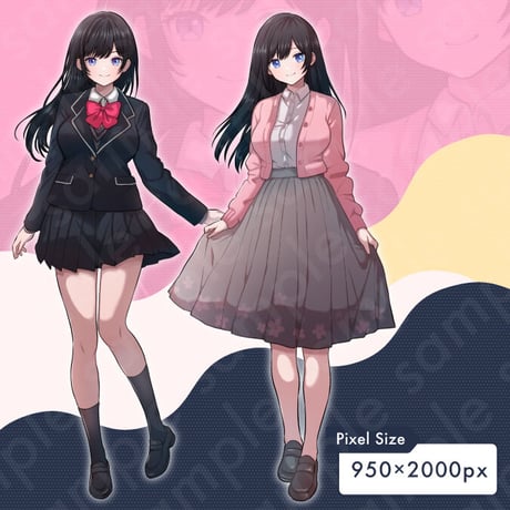 Illustration: Black-Haired High School Heroine | Uniform & Casual | Standee, 10 Expressions + Extras