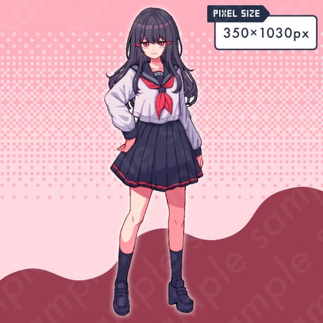 Pixel Art - Spirited Schoolgirl with Black Long Hair, Sailor Uniform, 10 Expressions + More.