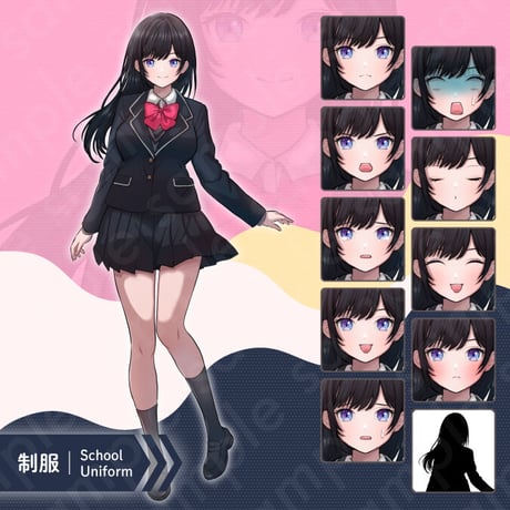 Illustration: Black-Haired High School Heroine | Uniform & Casual | Standee, 10 Expressions + Extras