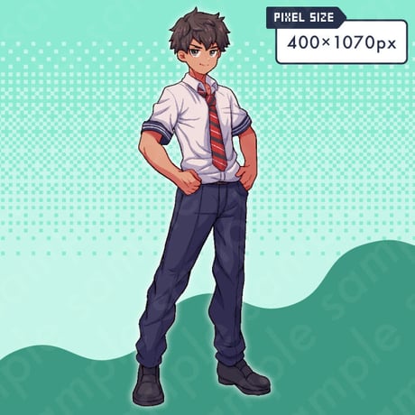 Pixel Art - Brown-haired Heroic Jr. High Boy in Uniform - 10 Expressions + More