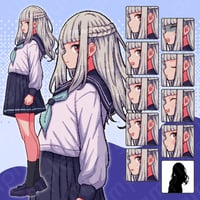 Pixel Art - Ladylike Jr. High Girl in Sailor Uniform, White Hair, 10 Expressions.