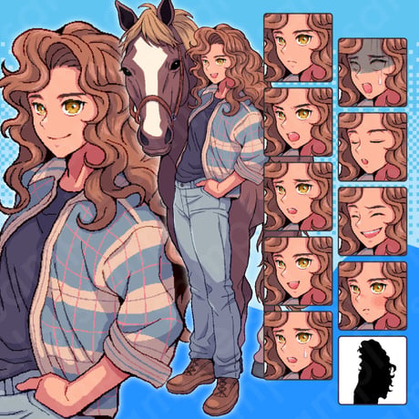 Pixel Art: Brown-Haired Man & Horse - Farmer, Jockey, Stablehand, Rancher, 10+ Faces.