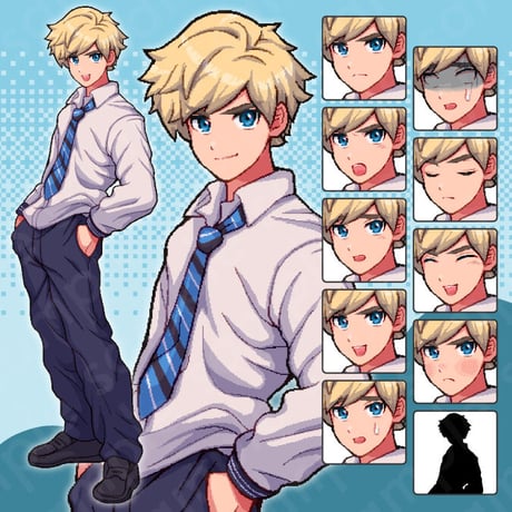 Pixel Art - Blonde Schoolboy in Uniform - 10 Expressions + More