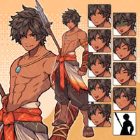 Pixel Art: Tanned, Semi-Nude Male with Spear - Hero/Adventurer, 10+ Expressions.
