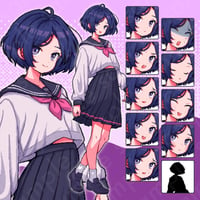 Pixel Art - Mature Jr. High Girl, Blue Short Hair, Sailor Uniform, 10 Expressions + More.