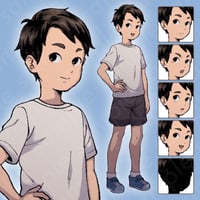 Pen-and-Ink Standing Art: Elementary School Boy in Shorts - Modern, 6 Expression Variations