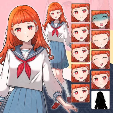 Ladylike Middle Schooler Illustration: Sailor Uniform, Orange Bangs, 10 Expressions & Extras