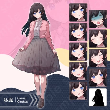 Illustration: Black-Haired High School Heroine | Uniform & Casual | Standee, 10 Expressions + Extras