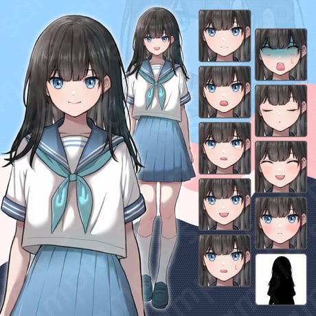 Sailor Uniform Black-Haired Middle School Girl Illustration: Full-Body, 10 Expressions + Extras
