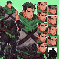 Pixel Art Brawler - Bearded Green-haired Fighter, Fantasy, 10 Expressions + More