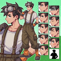 Pixel Art: Workwear Brown-Haired Male - Hero/Farmer/Rancher/Blacksmith. 10+ Expressions, Full Body.