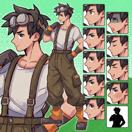 Pixel Art: Workwear Brown-Haired Male - Hero/Farmer/Rancher/Blacksmith. 10+ Expressions, Full Body.