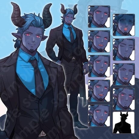 Demon in Suit: Butler-style Blue-Toned Male Illustration | Fantasy Standee - 10 Expressions & Extras