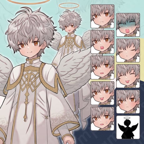 White-Haired Angel Boy Illustration: Fantasy Character Art with 10 Expressions + Extras