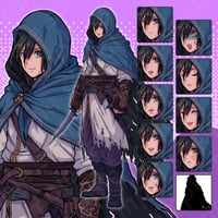 Pixel Art Assassin - Hooded Black-haired Rogue, Fantasy with 10 Expressions + More.