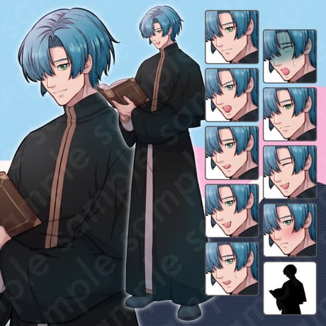 Blue-Haired Fantasy Priest Character Illustration: One Eye Hidden | Full-Body, 10 Expressions & More