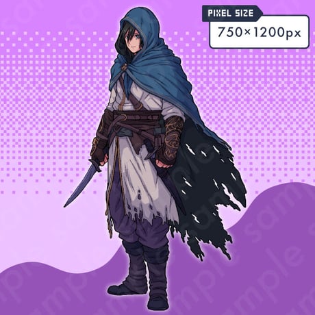 Pixel Art Assassin - Hooded Black-haired Rogue, Fantasy with 10 Expressions + More.