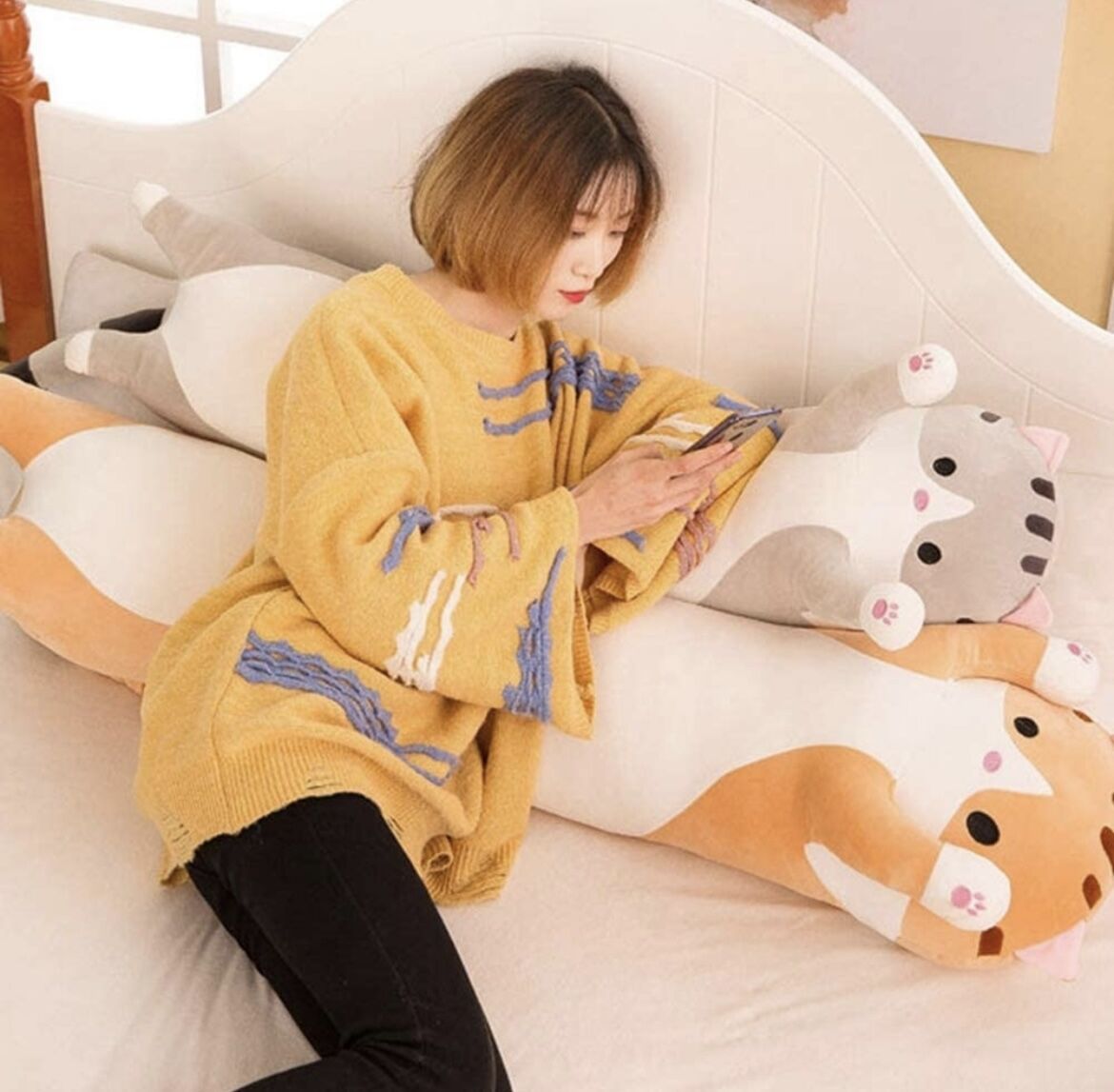 枕 抱き枕 細長 猫 クッション 特大 1.1m ブラウン 動物 アニマル