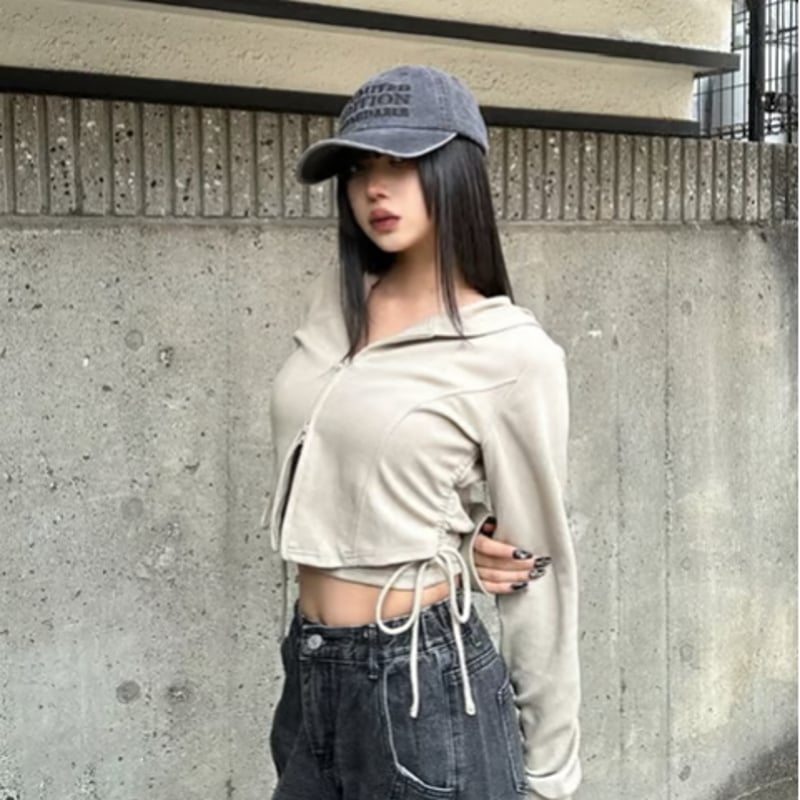 Zip トップス パーカー ベルト 付き ショートZIPベルトハーネス付き
