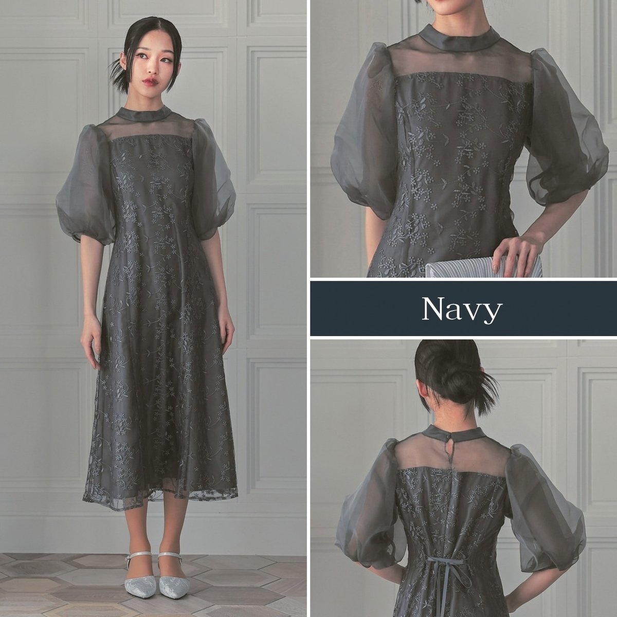 オーガンジーパフスリーブ フラワー刺繍レースドレス/結婚式