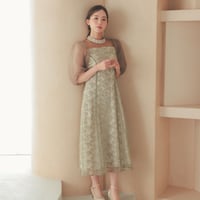 オーガンジーパフスリーブドレス  グリーン