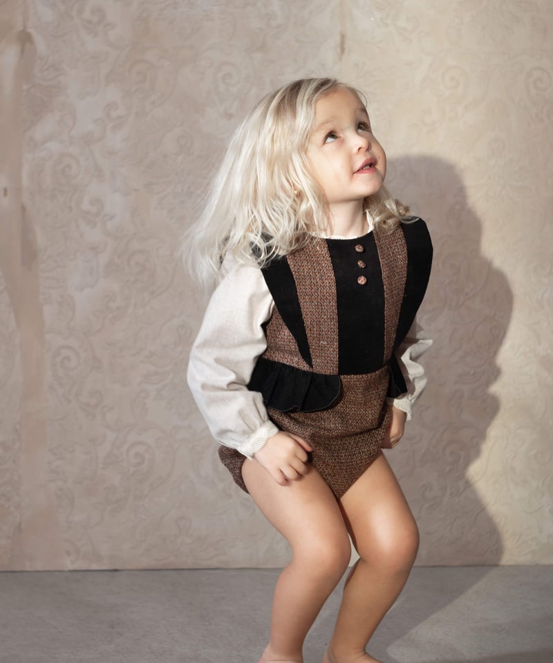 ロンパース・カバーオール popelin Woollen crossover romper suit Popelin Beige Plaid Woollen Romper Suit With Frill (MOD 3.1