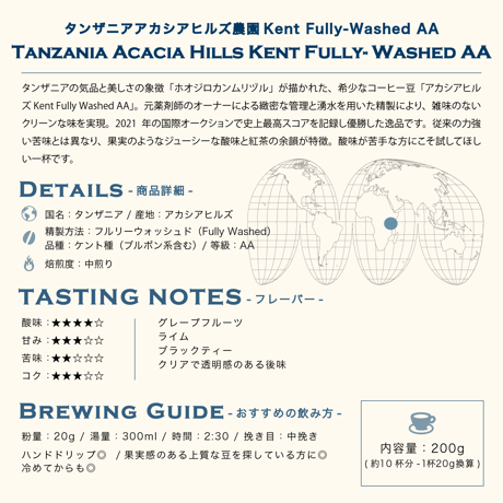 200g タンザニア アカシアヒルズ農園 Kent Fully-Washed AA