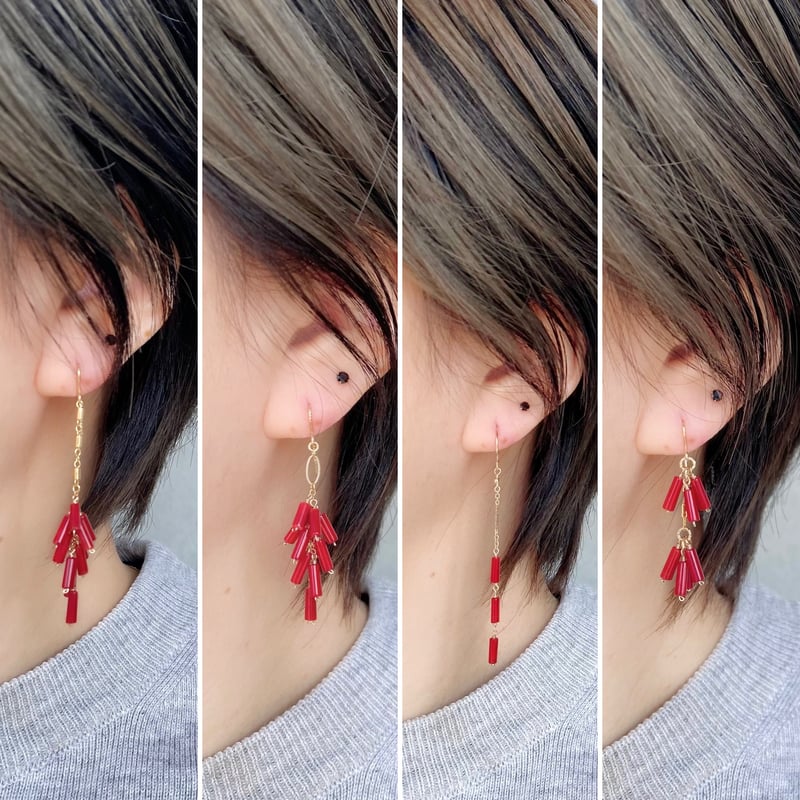 no.113＊14kgf 赤珊瑚フリンジ風ピアス | Dolphin745