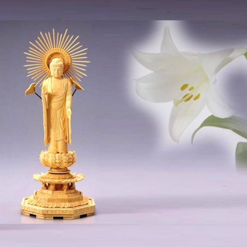 仏像 浄土真宗 大谷派（東）御本尊 総柘植製 八角台座 飛天光背 東