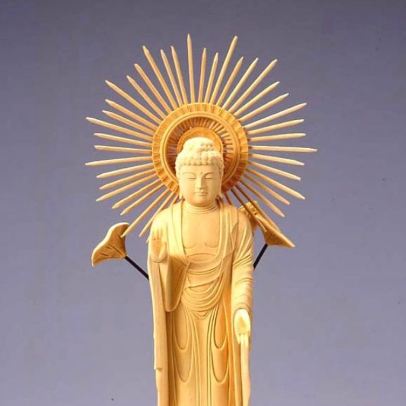 仏像 浄土真宗 大谷派（東）御本尊 総柘植製 八角台座 飛天光背 東