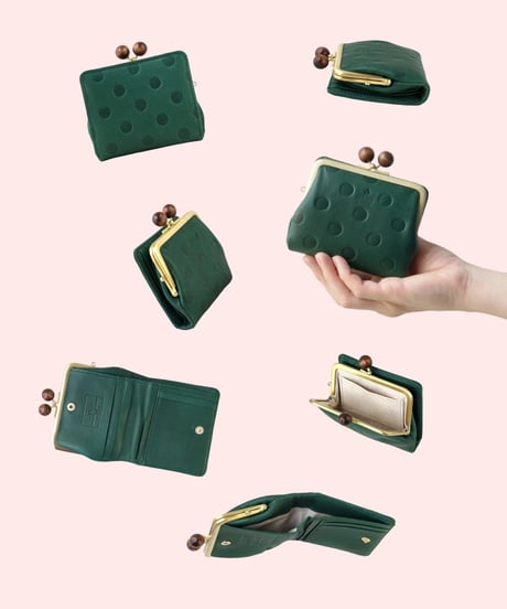 【Folna】ウッドボールがま口二つ折り財布 牛革