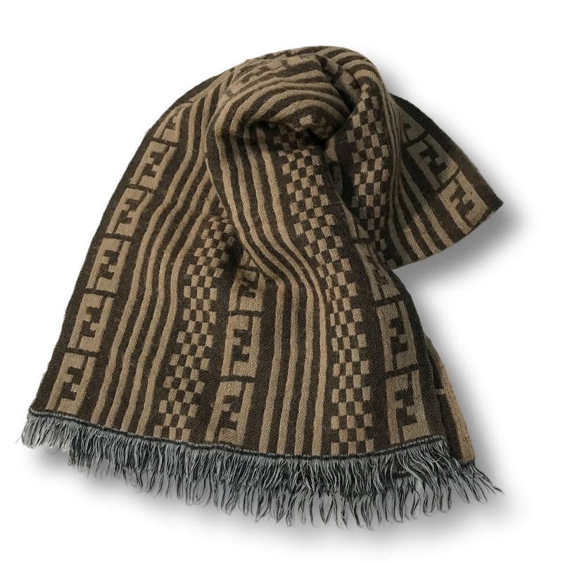 厳選商品】 FENDI ズッカ柄 ウールマフラー ブラウン系 90s イタリア製